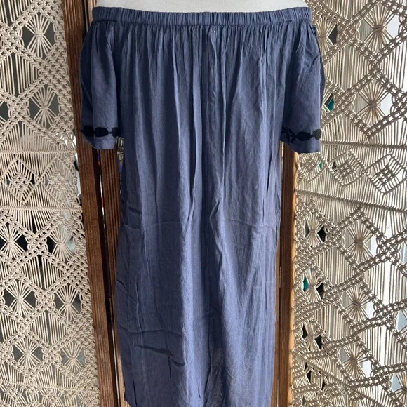 Dark Blue and Black Off the Shoulder Embroidered Tunic Mini Dress - Picture 5 of 8